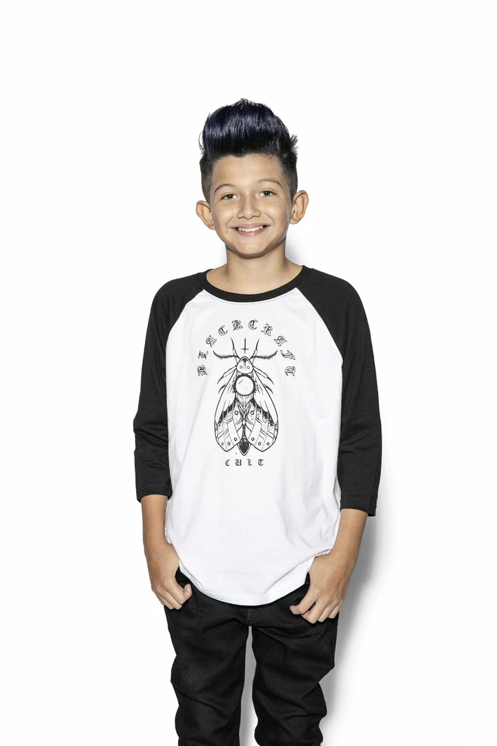 Blackcraft Cult Kids Moth Planchette - Child's Baseball Tee 3 Blackcraft Cult Kids Moth Planchette - Child's Baseball Tee