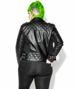 HK East Never Trust Quilted Faux Leather Moto Jacket Womens
